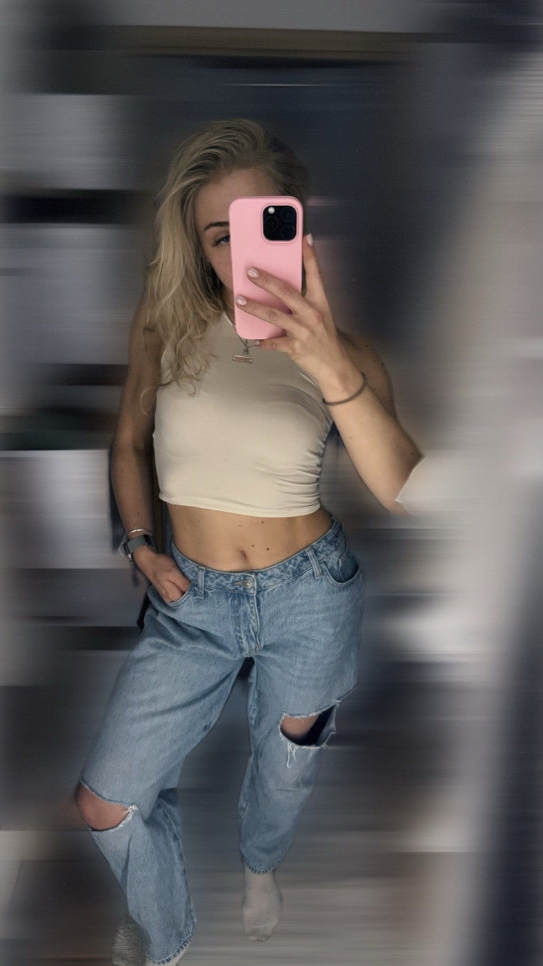 Cream fitted crop top made by me, with jeans I have resewn and cut so many times they are half mine
