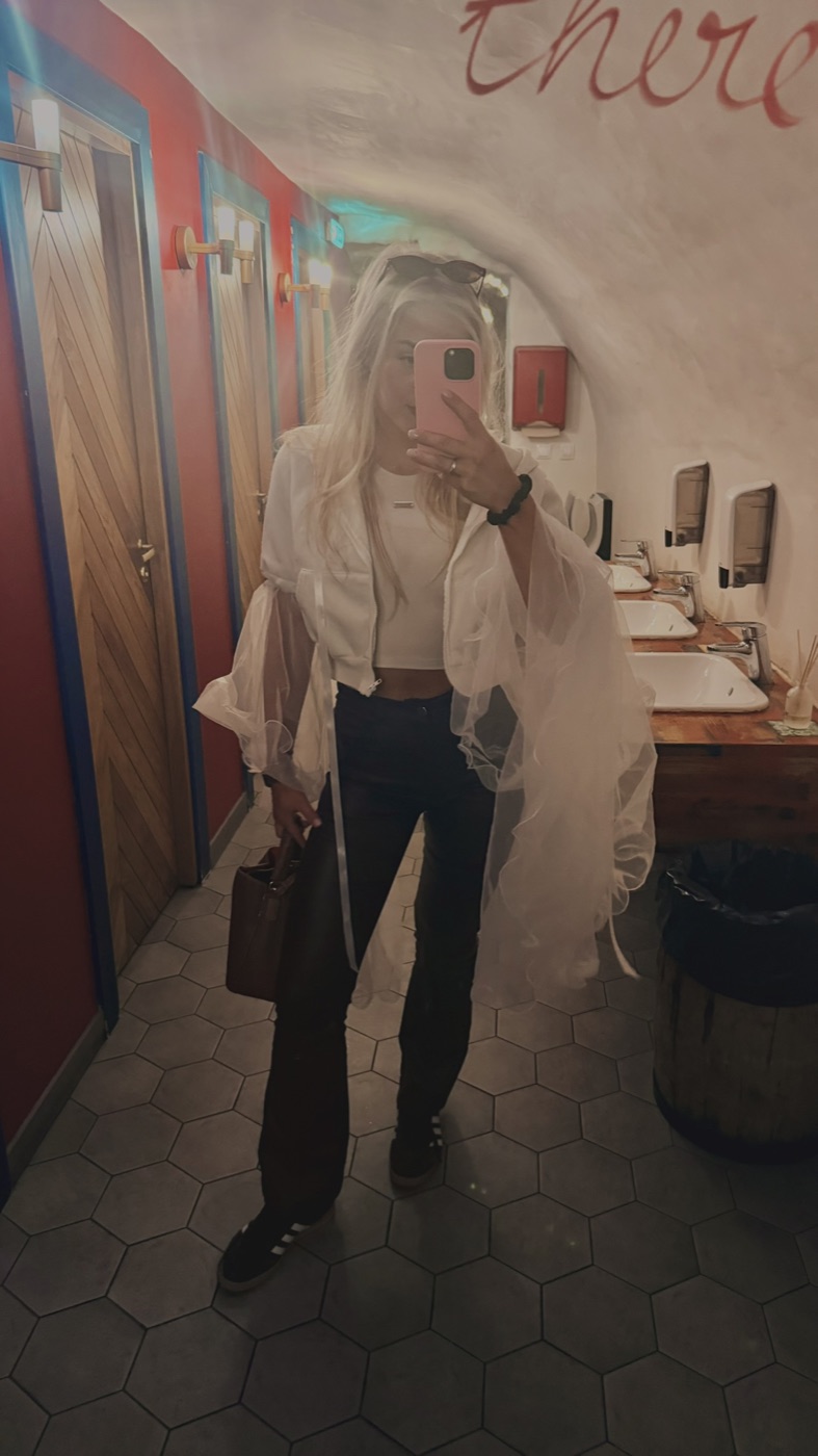 Sheer white organza coat made by me, over a white top